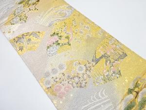 地紙に鳳凰・荒波・草花模様織り出し　袋帯